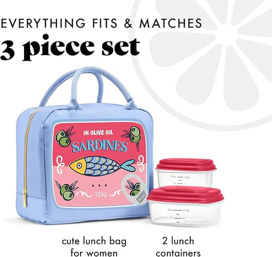 Fit & Fresh Lunch Bag For Women, Insulated Womens Lunch Bag For Work, Leak Resistant & Stain-Resistant Large Lunch Box For Women With Containers, Zipper Closure Bloomington Bag, Rose Sardines
