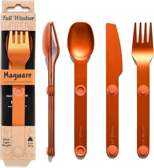 FULL WINDSOR - MAGWARE Magnetic Camping Cutlery Set - Travel Utensils for Camping, Cooking, and Outdoor Dining - Knife, Fork & Spoon - Portable Silverware with Pouch - Orange (3 PCS)