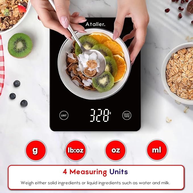 Ataller Digital Food Scale, Tempered Glass Panel, 10Kg/22lb Capacity, Kitchen Weighing Scales with LED Display and 1g Increments for Baking, Cooking, Keto and Meal Prep, Black