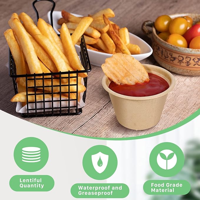 100Pack 4 oz Bagasse Fiber Condiment Cups with Lids,Bagasse Fiber Souffle Cups,Compostable Portion Cups,Biodegradable Sample Cups for Snack Salad Dressing Ketchup
