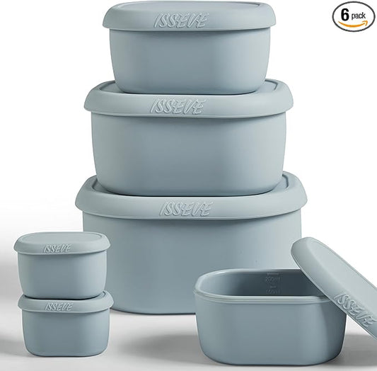 ISSEVE 6Pcs/Set Nesting Silicone Food Storage Containers with Lids, BPA Free Reusable Meal Prep Silicone Containers Lunch Box Bento Box Set (33.8oz, 20oz, 10oz, 6.7oz, 1.3oz) (Grey)