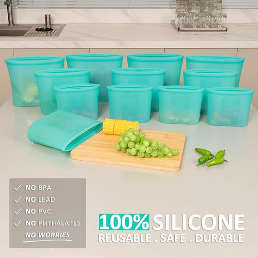 Reusable Food Bags, 12 Pack 100% Silicone Food Storage Bags Stand Up Zip Lock Container, Freezer Microwave Oven Dishwasher Safe, 4 Large 4 Medium 4 Small, Aqua