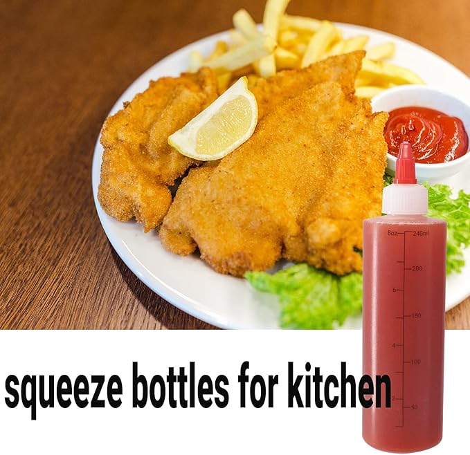 10 Pack 8 oz Graduated Plastic Squeeze Squirt Condiment Bottles with Red Twist On Cap Lids - for Condiments, Oil, Icing, Liquids–with Extra 1 Silicone Funnel, 18 Chalk Labels and 1 Pen