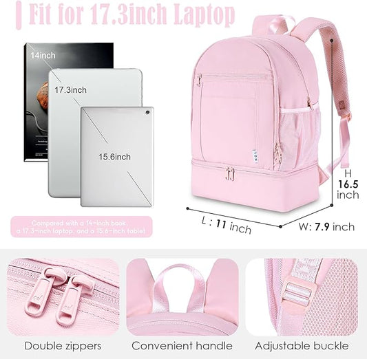 NOL Natural Organic Lifestyle Kids 2-in-1 Backpack & Insulated Lunch Bag - 16" Multi-Functional Large Compartments Backpack for School & Travel, Double Deck, Water Resistant, Leak-proof, Padded (Pink)