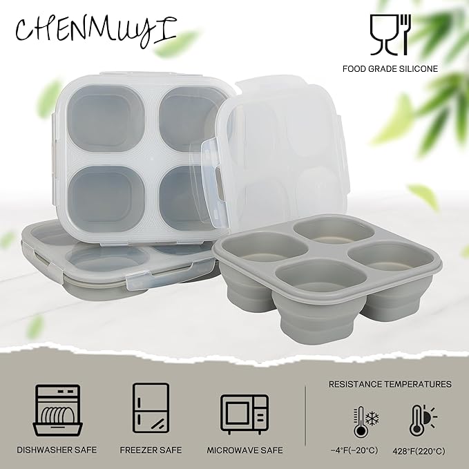 Collapsible Silicone Food Storage Container, 4-Compartment Snack Containers Portion Control with Clip-on Lid, Stackable, Space Saving, Microwave/Fridge/Freezer/Dishwasher Safe (3)