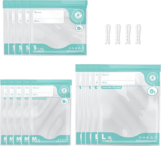 Sous Vide Bags Reusable, Vacuum Food Storage Bags 15 pcs (S M L each size 5pcs) Comes with 4 sealing sliders PA&PE material Double zipper Long-lasting freshness Bag for Cooking, Food Storage
