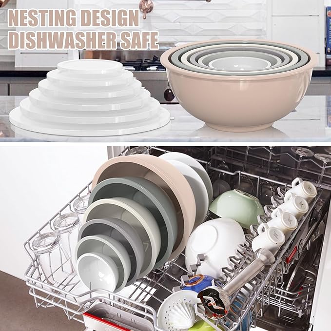Umite Chef Nesting Mixing Bowls Set with Airtight Lids, 18 Piece Plastic, Includes Measuring Cups, Mixing Bowl Set Great for Mixing, Baking, Serving, Dishwasher (Khaki)