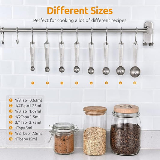 18/8 Stainless Steel Measuring Spoons Set for Dry and Liquid Ingredients (Set of 8), and 18/10 Stainless Steel Balloon Whisk for Kitchen Cooking with 8 Flex Wires (Aqua Sky)