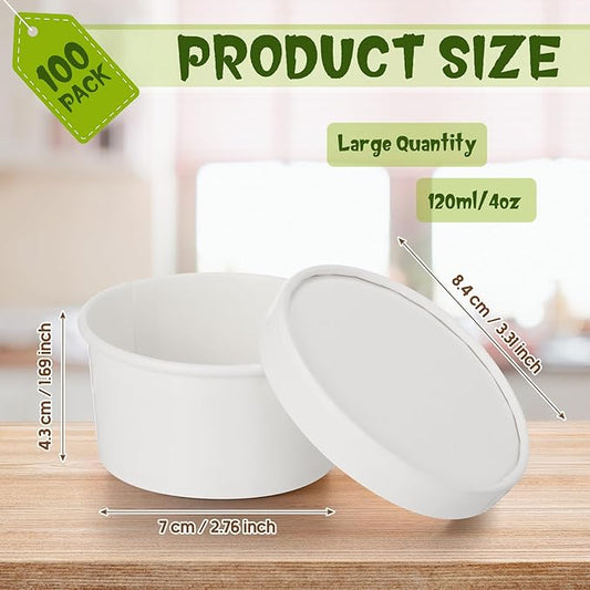 Fulmoon 100 Pack Paper Soup Containers with Lids Disposable Paper Food Containers with Vented Lids Kraft Ice Cream Bowls Soup Cup Ice Cream Cups for Restaurants(4 oz,White)