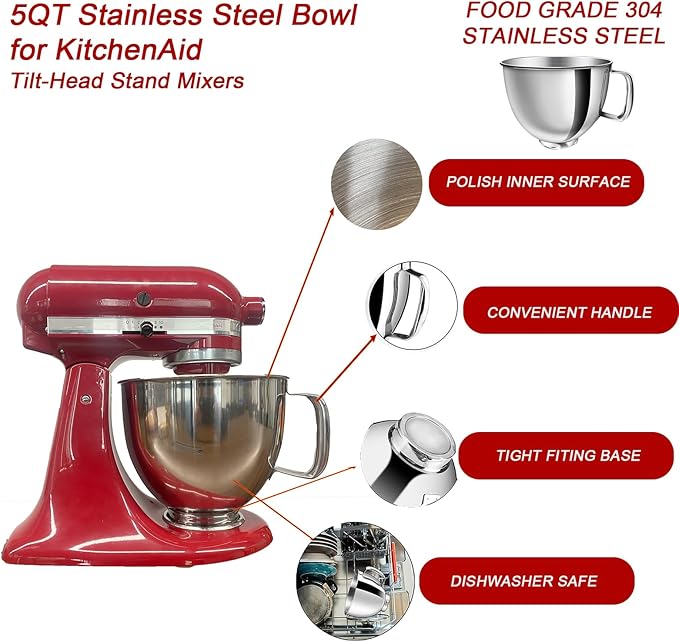 5 QT Stainless Steel Mixer Bowl Kit Compatible with KitchenAid Artisan&Classic Series 4.5-5QT Tilt-Head Mixers K45 KSM70 KSM150 etc. Replacment for KitchenAid Mixer Bowl(1 Bowl+8 Sliders)
