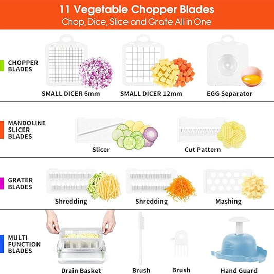 Vegetable Chopper,Food Chopper,Pro 12 in1 Multifunctional Onion Veggie Chopper,Vegetable Chopper With Container,Vegetable Slicer Dicer Cutter,Mandoline Slicer,Salad,Garlic (Blue)