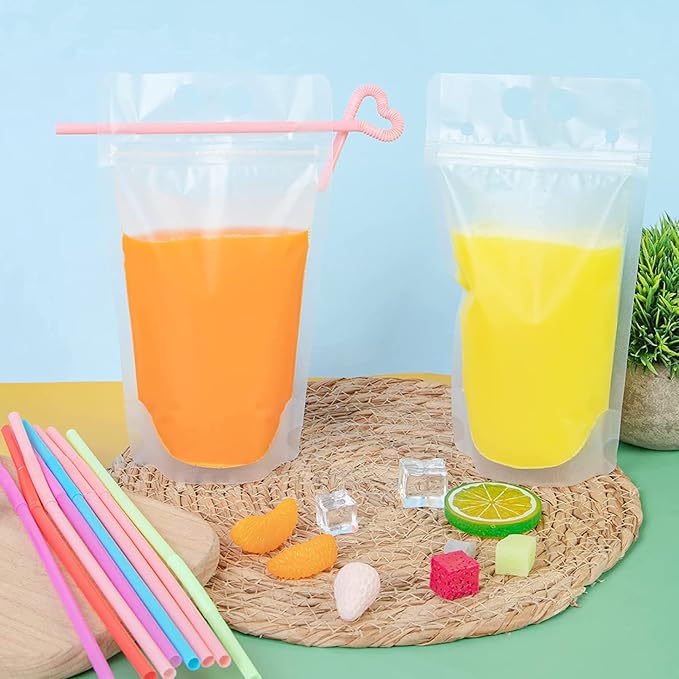 100 PCS Reusable Juice Pouches for Adults, Heavy Duty Plastic Smoothie Bags With 100 Straws Funnel for Cold Hot Drinks
