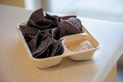 Eco-Products Compostable 6"x8" Disposable Nacho Tray, Case of 400, WorldView 2 Compartment Corner Sauce Dip Containers, Vanguard Renewable White Molded Fiber, No PFAS, ASTM Compliant, BPI-Certified