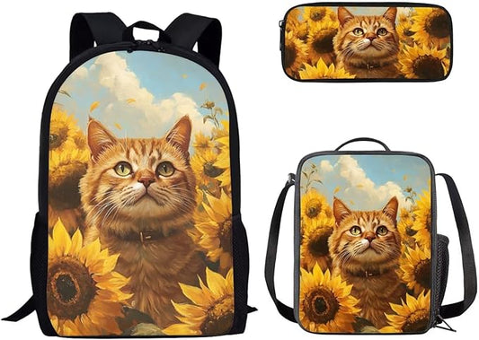 Dolyues Sunflower Cat Girls' Backpack Set 17-Inch Bookbag, Matching Lunch Tote & Sparkling Pencil Pouch Functional & Elegant for School or Travel