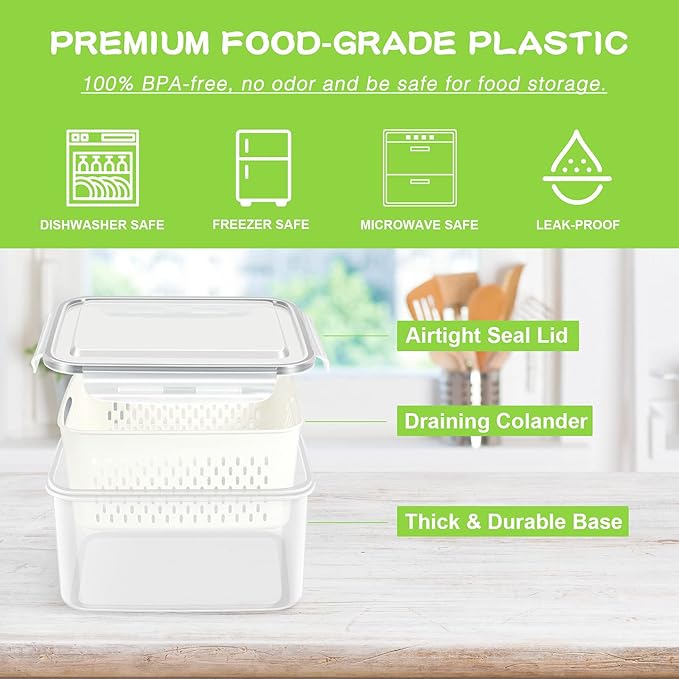 TBMax Fruit Storage Containers for Fridge Organizers and Storage, 4 Pack Large Produce Saver with Airtight Lid & Colander for Berry Lettuce Salad Vegetable Storage, Refrigerator Organizers