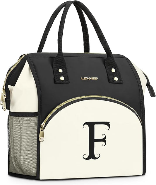 Personalized Lunch Bag for Women, Preppy Reusable Insulated Initials Lunch Box Gift for Friend Large Wide-Open Water Resistant Adult Cooler Tote Bag for Work, Travel, Picnic - Black F