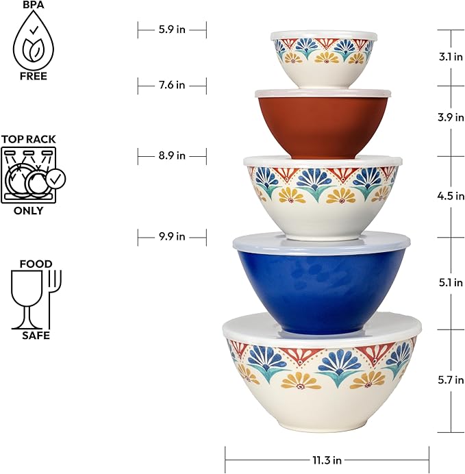Rio Medallion Set of 5 Melamine Mixing Bowls with Lids for Mixing and Kitchen Storage