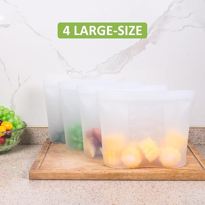 Large Reusable Food Bags 4 Pack, 1.5 Quart(50.7fl.oz) 100% Silicone Storage Bags Stand Up Zip Silicone Food Container, Freezer Microwave Oven Dishwasher Safe, Translucent