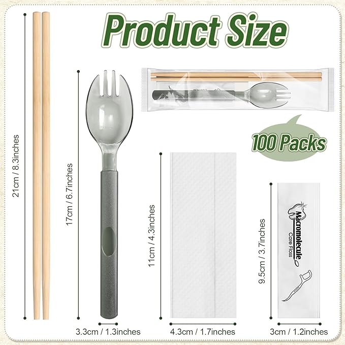 Tioncy 100 Packs Disposable Chopsticks Cutlery Set Bulk Cutlery Packets Include Sporks Napkins Floss Picks and Chopsticks Individually Wrapped Travel Cutlery Set for Party, Banquet, Wedding