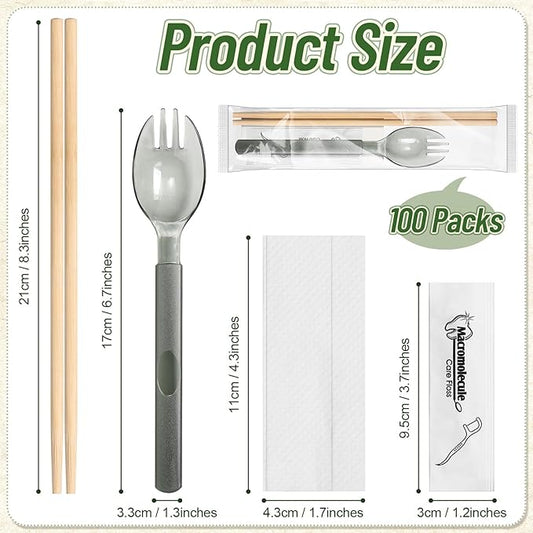 Tioncy 100 Packs Disposable Chopsticks Cutlery Set Bulk Cutlery Packets Include Sporks Napkins Floss Picks and Chopsticks Individually Wrapped Travel Cutlery Set for Party, Banquet, Wedding