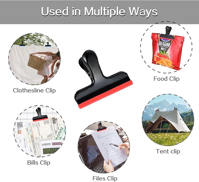 HOUSE AGAIN 12 Pack Stainless Steel Chip Bag Clips Covered with Colorful Silicone - NO More Sharp Edges - Color Coded for Food Bags - Air Tight Seal, Heavy Duty for Kitchen and Office, 3 Inches-Black