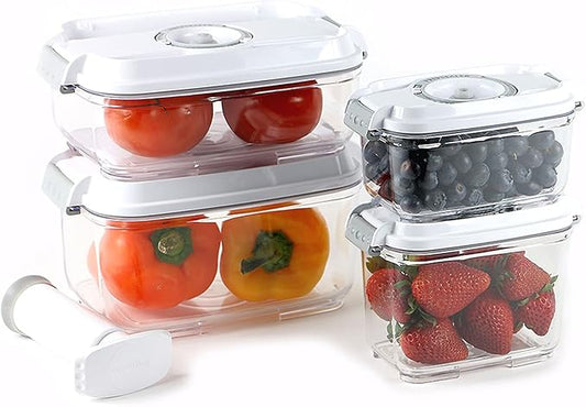 Food Storage Vacuum Container 4-piece Container with Maunal Pump, BPA free, Tritan, Keep food and ingredients fresh up to four times longer than conventioal storeage.