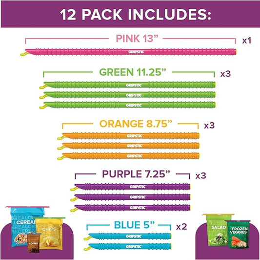 GripStic 12pc Assorted Bag Clips. Durable and reusable chip clips seal food bags air tight. Set includes: (2) 5" Blue, (3) 7.25" Purple, (3) 8.75" Orange, (3) 11.25" Green, (1) 13" Pink.