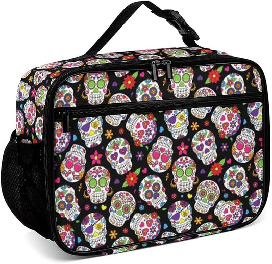 Day of the Dead Sugar Skull Reusable Lunch Box Insulated Lunch Bag Cooler Bag Lunchbox Meal Food Container Tote Bag for Women Kids Girls School Camping Hiking Picnic Beach Travel