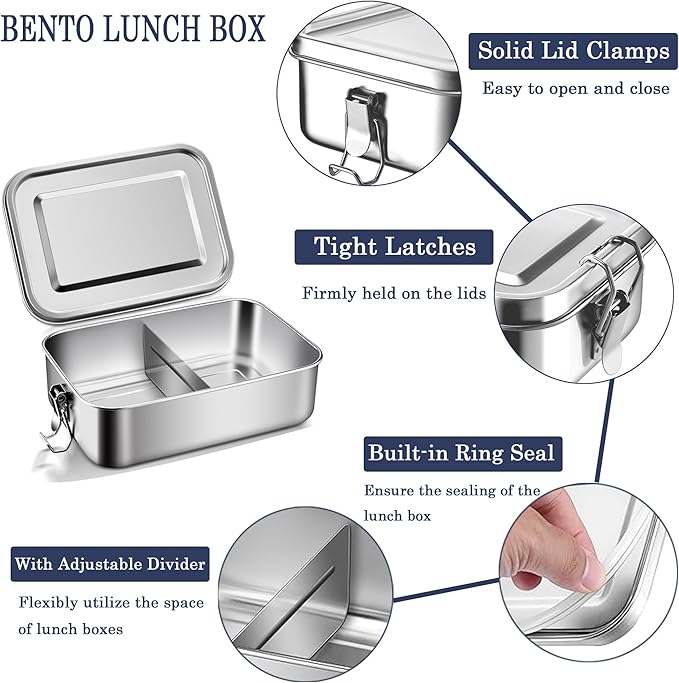 18/8 Stainless Steel Bento Box with Removable Dividers, 47oz (1400ML) Metal Lunch Food Container with Lids and Locking Clips, Food Storage Containers for Office Meals, School, Leak-Proof