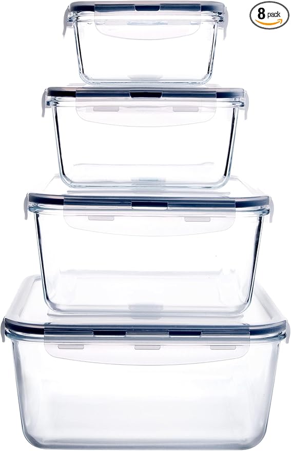 Extra Large Glass Storage Containers with Lids, Set-8-Piece Lunch Containers, Ideal for Storing Food, Vegetables, Fruits, Baking Cake & lot of other Tasty Food (Square)