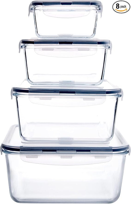 Extra Large Glass Storage Containers with Lids, Set-8-Piece Lunch Containers, Ideal for Storing Food, Vegetables, Fruits, Baking Cake & lot of other Tasty Food (Square)