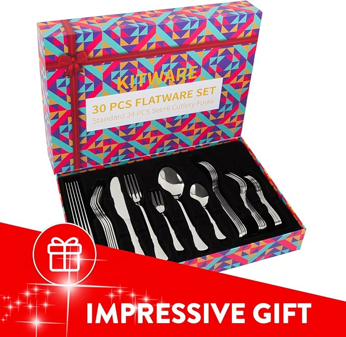 30 Pieces Flatware Set, Stainless Steel Cutlery Silverware Set Service for 6, Kitchen Utensil Set, Home Tableware Set, Include Knives Spoons Forks