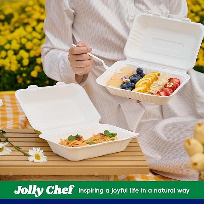 JOLLY CHEF Clamshell To Go Containers, [9 * 6" 75-Pack], Sugarcane To Go Boxes for Salad, Lunch