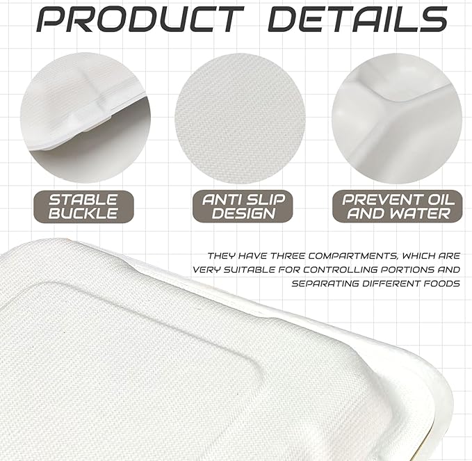 8X8 30 Pack Clamshell Take Out Food Containers, 3 Compartment To Go Containers with Lids,Disposable Compostable To Go Boxes Heavy-Duty Biodegradable (8 * 8 in, 3-Compartment)