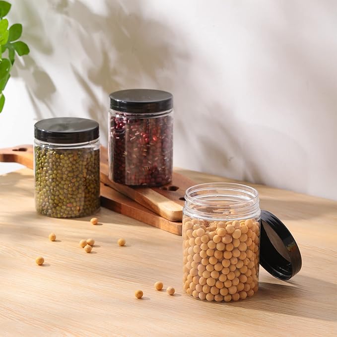 Aoriher 48 Pcs 8oz Plastic Mason Jars with Lids Round Clear Plastic Jars Containers Refillable Small Empty Storage Containers Food Canisters for Kitchen Storage(Black)