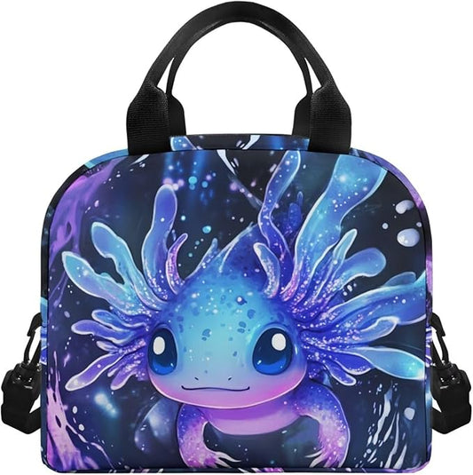 Showudesigns Blue Axolotl Lunch Box for Teen Girls Middle School Kids Lunch Bag 8-10 10-12 12-14 Insulated Lunchbox Purse with Adjustable Shoulder Strap Thermal Meal Organizer