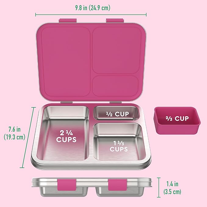 Bentgo Kids Stainless Steel Leak-Resistant Lunch Box - 3-Compartments with Bonus Silicone Container, Durable, Eco-Friendly, Dishwasher Safe, BPA-Free, Ideal for School, Ages 3+ (Fuchsia)