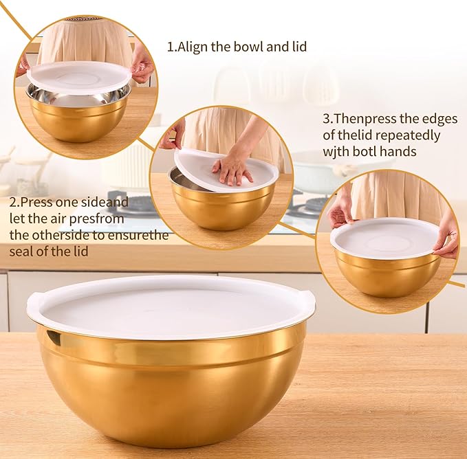 Gold Mixing Bowls With Airtight Lids,Stainless Steel Bowl,Salad Bowls 7 Piece Colorful Nesting Bowl Rainbow Kitchen Accessories,Size 7,3.6,2.7,2.1,1.5,1.1,0.8QT Stackable Design