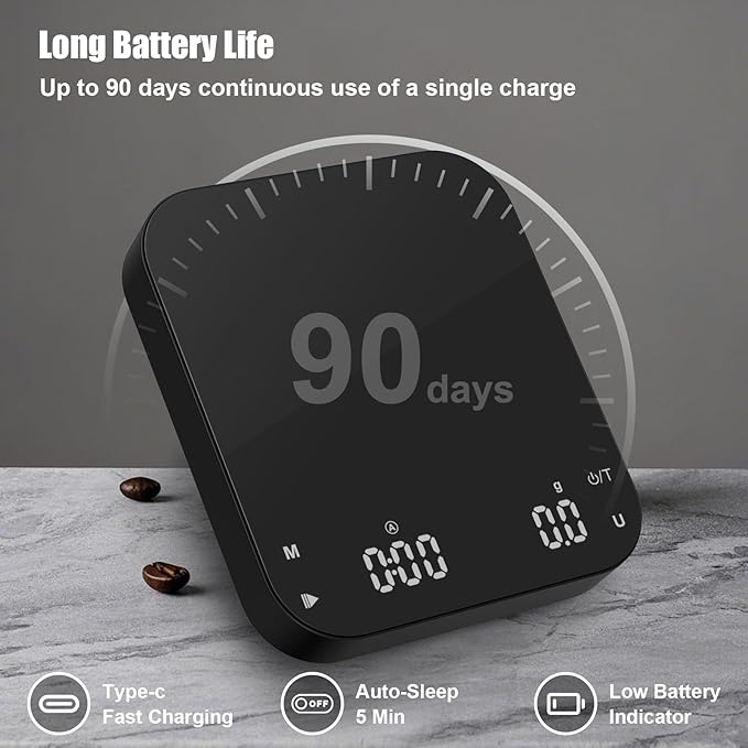 Rechargeable Coffee Scale with Timer, Diyife 3kg/0.1g High Precision Scale, 6 Units, HD LED Display, Long Battery Life, Portable Kitchen Scale for Espresso, French Press, Pour-Over Coffee