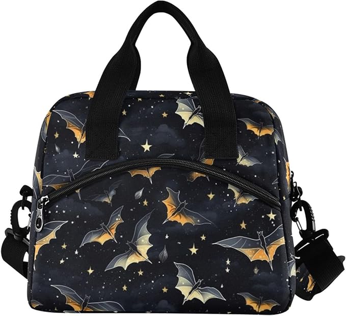 MNSRUU Insulated Lunch Bag Gothic Skull Bat Women Men Fabric Dinner Tote Cooler Bag Reusable Leakproof Lunch Box with Adjustable Shoulder Handles Strap For Work School