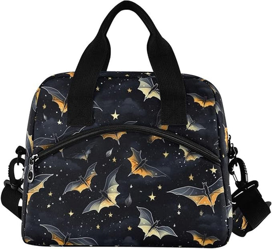 MNSRUU Insulated Lunch Bag Gothic Skull Bat Women Men Fabric Dinner Tote Cooler Bag Reusable Leakproof Lunch Box with Adjustable Shoulder Handles Strap For Work School