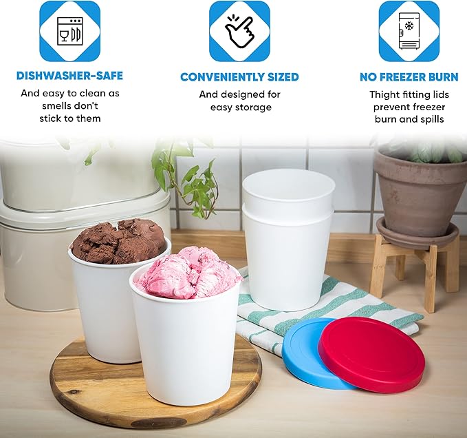 LIN Ice Cream Containers 4-Pack - 1Quart Reusable Round Storage Tubs for Homemade Ice Cream & Frozen Treats, Silicone Lids - Non-BPA Plastic - Dishwasher-Safe - No Freezer Burn