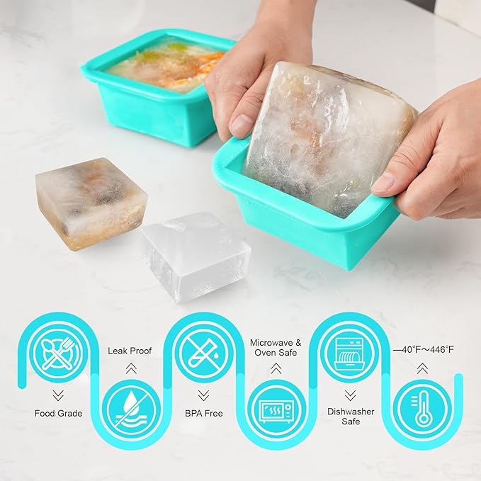 Silicone Freezer Tray with Lid 2 Pack Silicone Freezer Molds Ice Cube Tray Makes 2 Perfect 2 Cup Portions Soup Cubes Meal Prep Containers - Oven & Dishwasher Safe