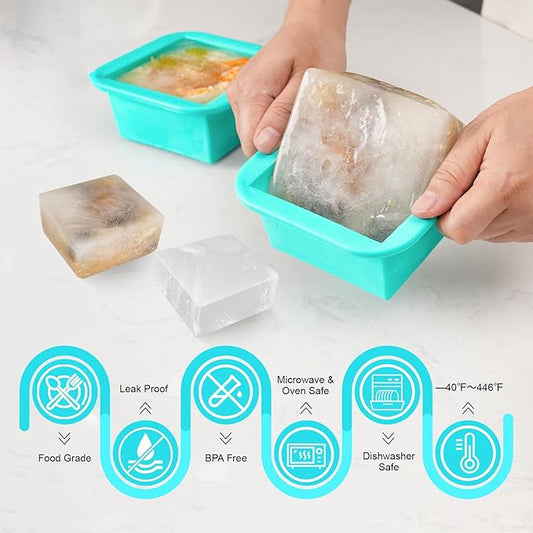 Silicone Freezer Tray with Lid 2 Pack Silicone Freezer Molds Ice Cube Tray Makes 2 Perfect 2 Cup Portions Soup Cubes Meal Prep Containers - Oven & Dishwasher Safe