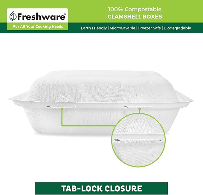 Freshware Compostable Clamshell Take Out Food Containers [9x9" 200-Pack] Disposable To Go Containers, Biodegradable Sugarcane To Go Boxes - Paper Food Containers - Microwave & Freezer Safe, Stackable