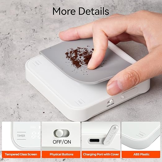 Rechargeable Mini Coffee Scale with Timer, 2kg/0.1g Precision Espresso Scale, Portable Coffee Weight Scale w/ 4 Modes for Espresso and Pour-Over Coffee (White)