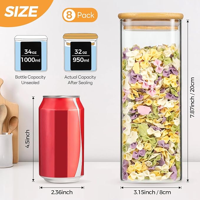 Glass Jars with Bamboo Lids 34 FL OZ, 8 Pack Glass Canisters with Airtight Lid, Square Glass Kitchen Storage Containers for Pasta, Cereal, Coffee, Flour, Sugar, Oats, Beans