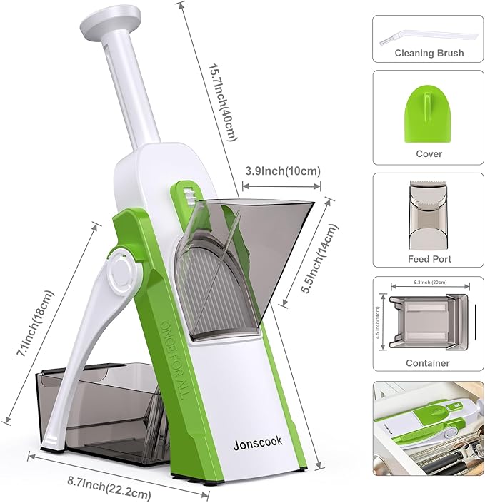 Safe Mandoline Slicer for Kitchen, Adjustable Thickness 0.1-8 mm, 5 in 1 Multi Vegetable Chopper, Potato Slice, Food Chopper French Fry Cutte, with Paring Knife/Cleaning Brush, Mandolin (AvocadoGreen)