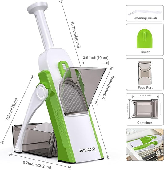 Safe Mandoline Slicer for Kitchen, Adjustable Thickness 0.1-8 mm, 5 in 1 Multi Vegetable Chopper, Potato Slice, Food Chopper French Fry Cutte, with Paring Knife/Cleaning Brush, Mandolin (AvocadoGreen)