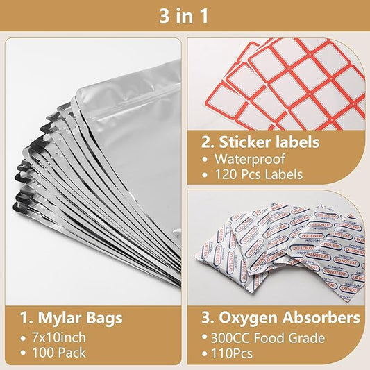 100 Pack 7 x 10 Inch Mylar Bags for Food Storage with Oxygen Absorbers 300CC(110Pcs) and Labels(120Pcs), 1 Quart Stand Up Resealable Mylar Bags(5mil Thickness)